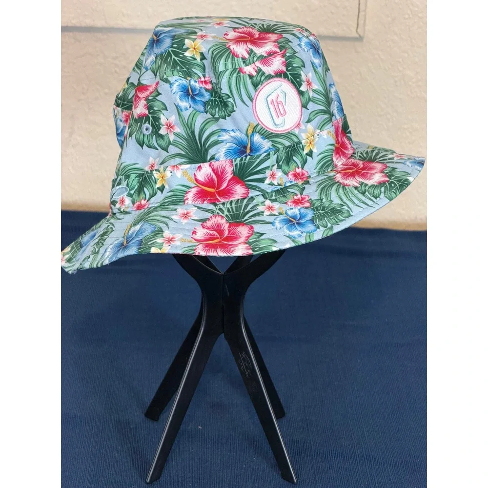 Bucket Hat OS Blue Tropical Hibiscus Floral Pukka Summer Beachwear Vacation Core